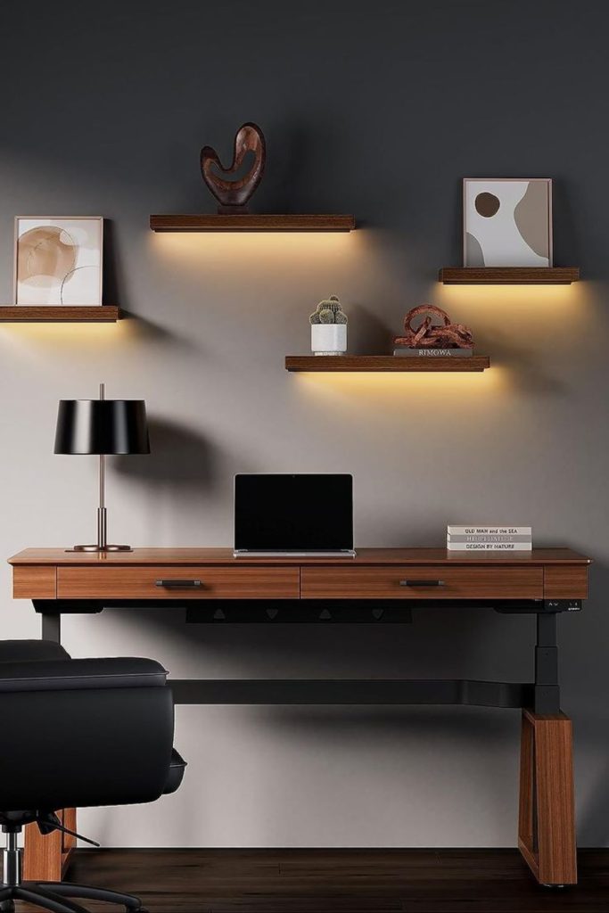 Floating shelf organized compact workspace design.