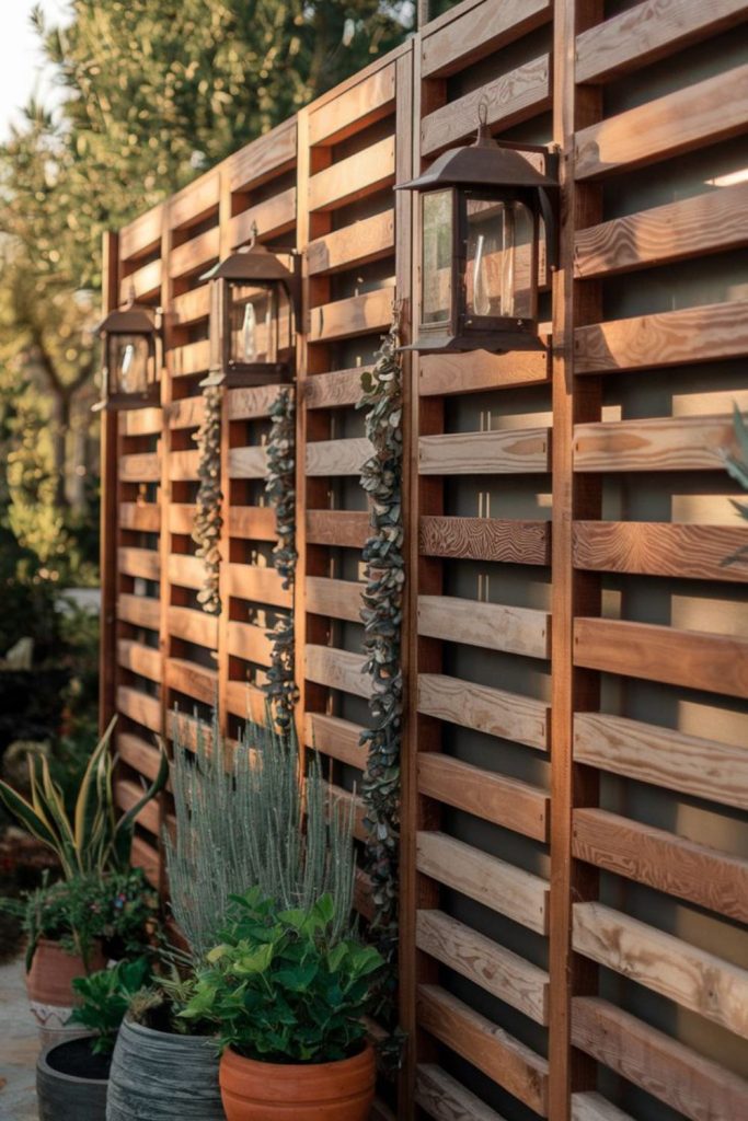 Floating slat modern wood trellis.
