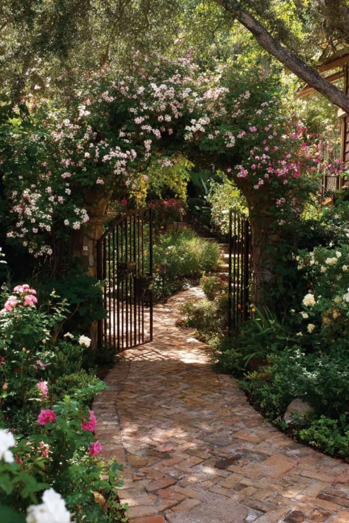Floral archway in dreamy garden.