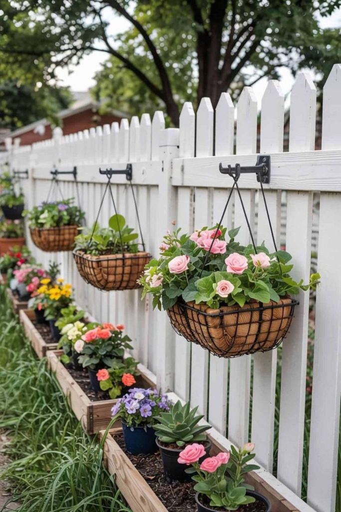Floral hanging basket colorful garden fence