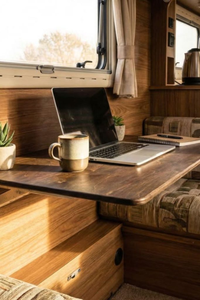 Foldable wall table inside camper.