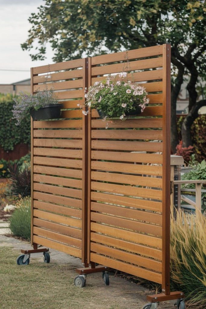 Folding wooden privacy trellis panel.