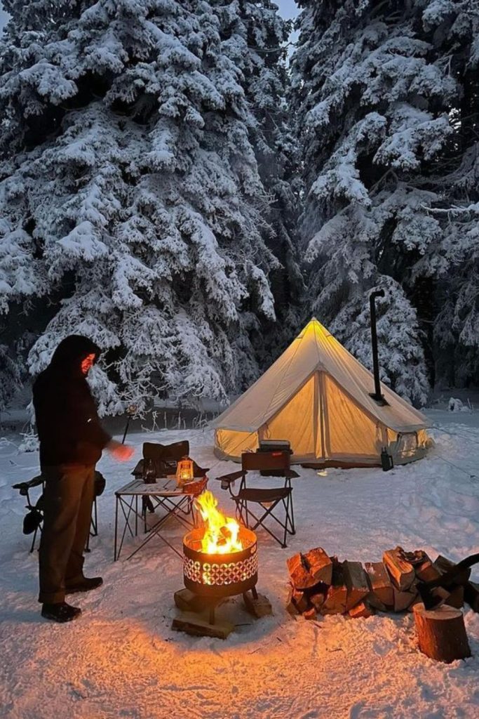 Frosty winter forest campsite beneath stars