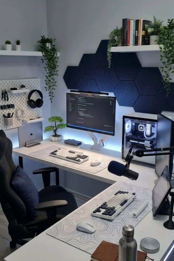 Gamer RGB modern office desk setup.
