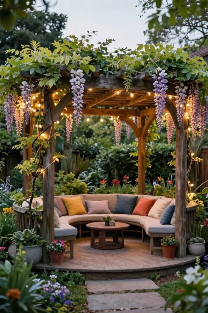 Floral pergola surrounded by blooms.