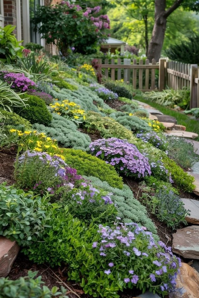 Layered plants on sloped yard