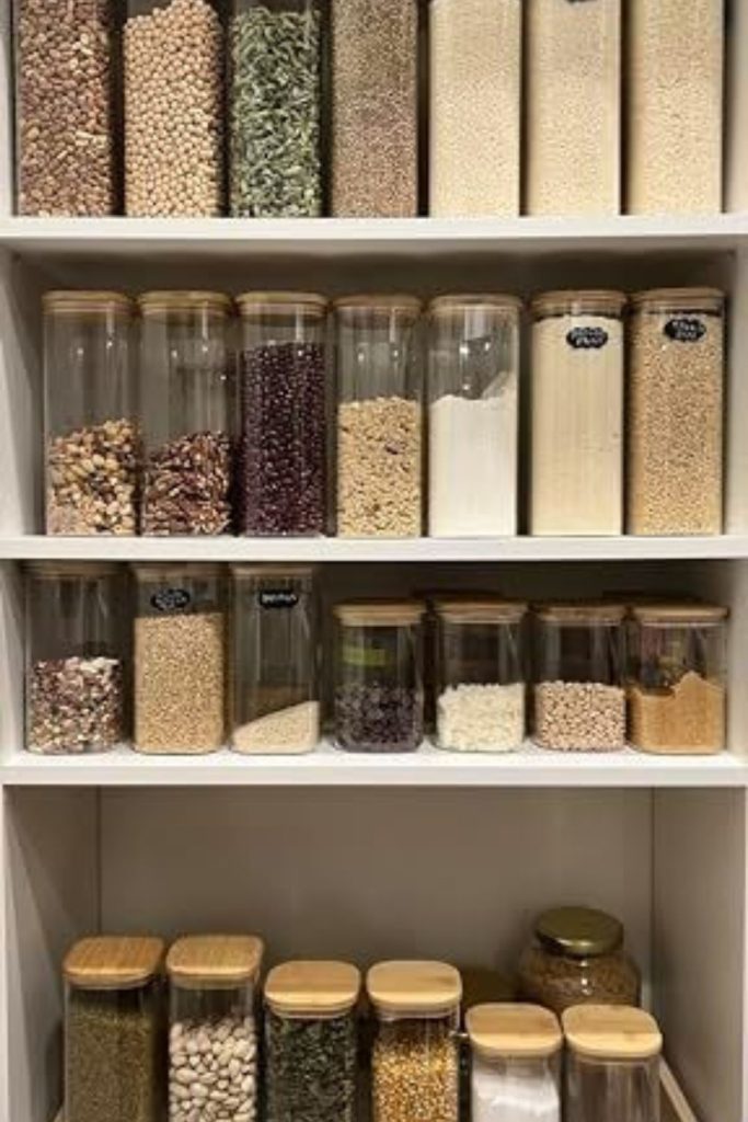 Glass grain containers pantry organization.