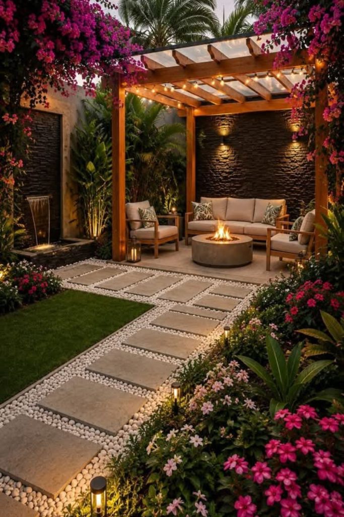 Courtyard glowing under string lights.