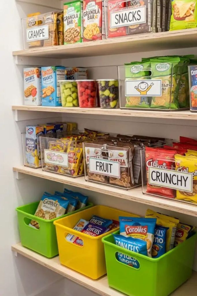 Kid-friendly pantry snack basket storage.