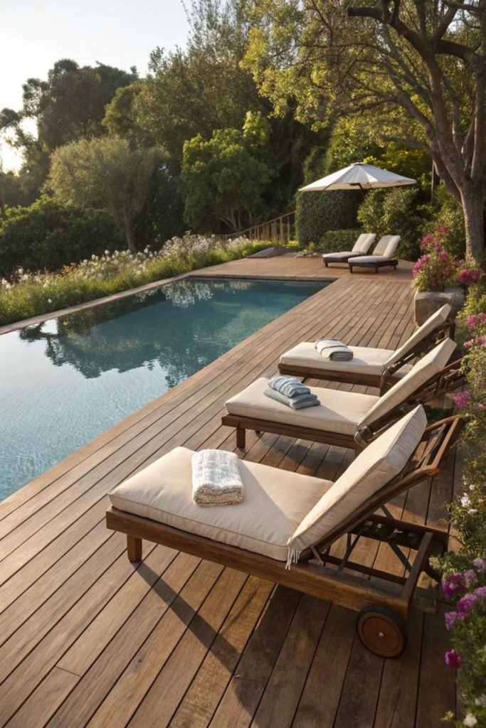 Grass framed wooden deck natural poolside harmony
