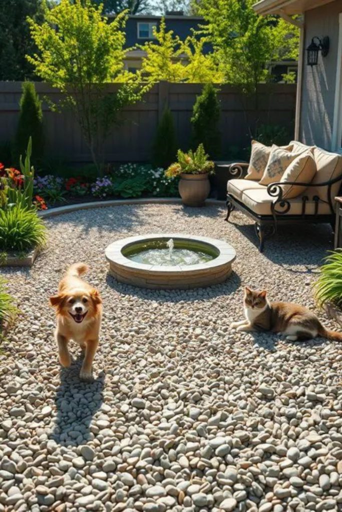 Gravel-bordered concrete patio landscaping.