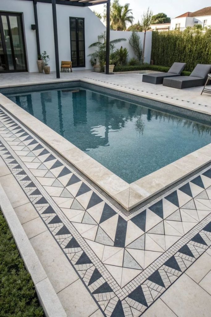 Decorative gravel mosaic pool border pathway