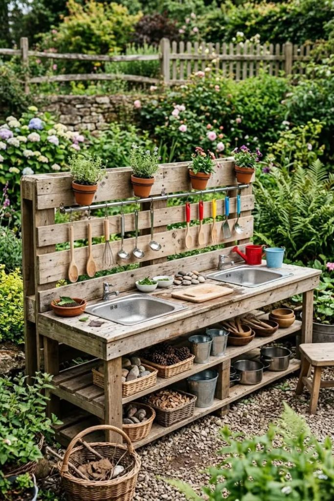 Station suspended bucket outdoor mud kitchen setup
