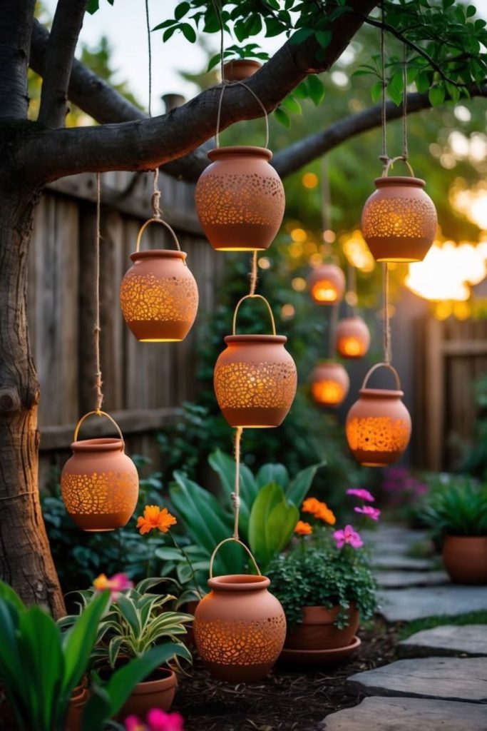 Hanging clay pot chandelier planter display