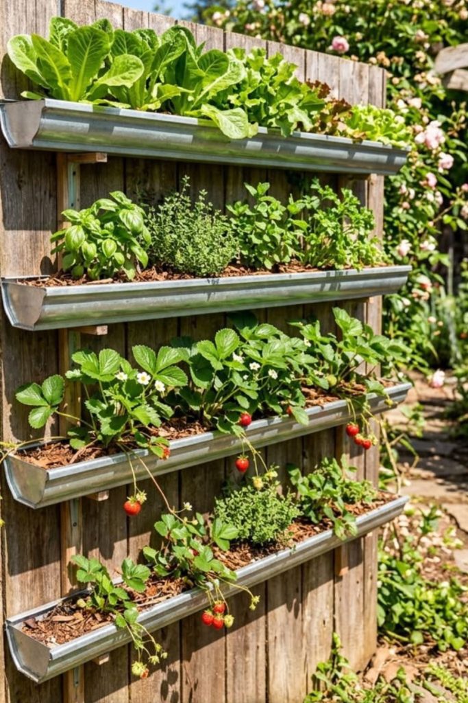 Hanging gutter wall garden planter rows