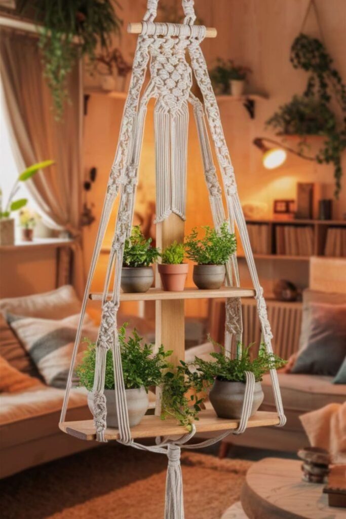 Macrame hanging shelf plant stand
