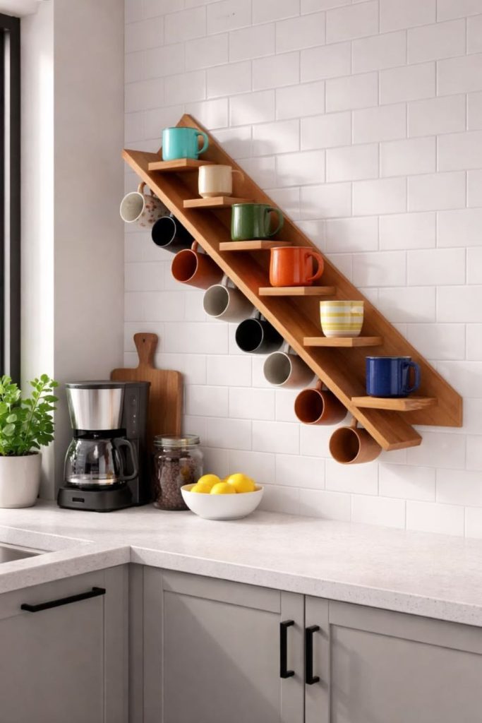 Hanging mug rack in kitchen.