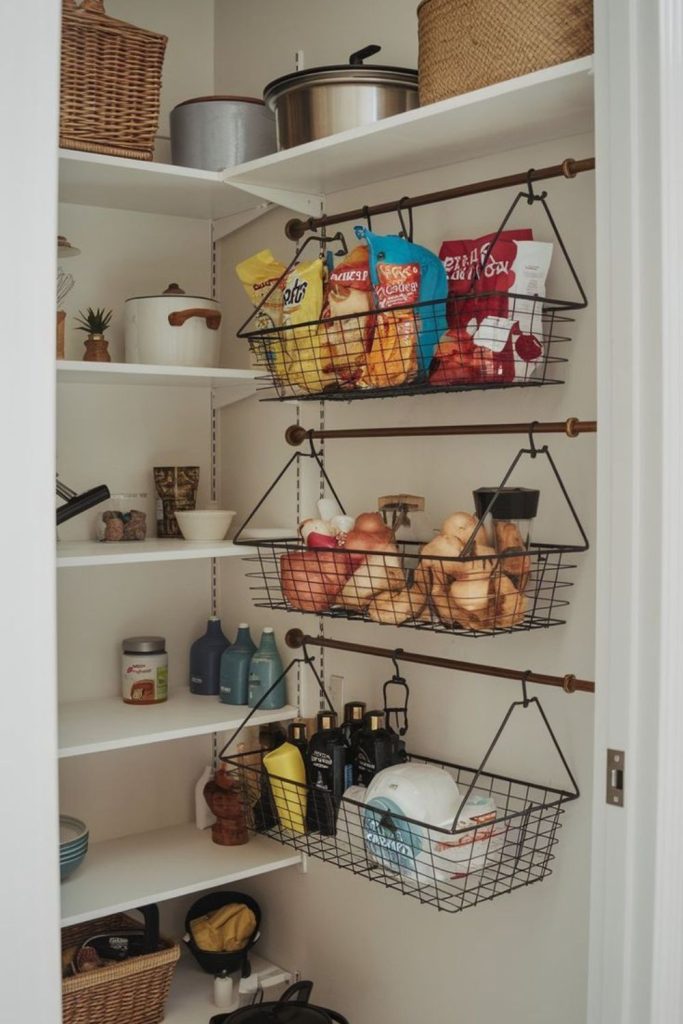 Hanging rail basket pantry system