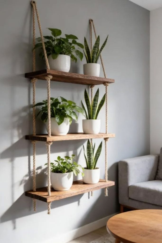 Hanging rope suspended plant shelves