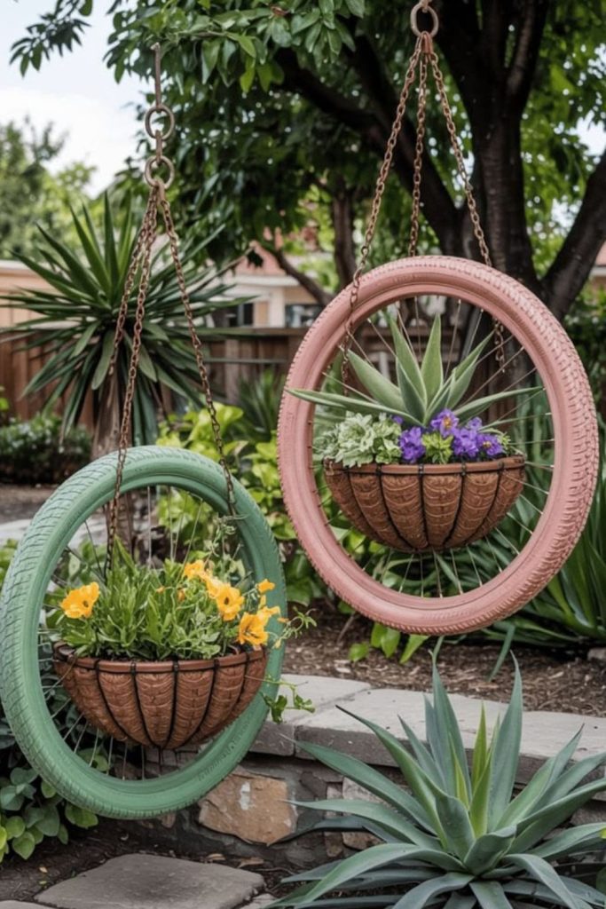Hanging tire circular plant holder