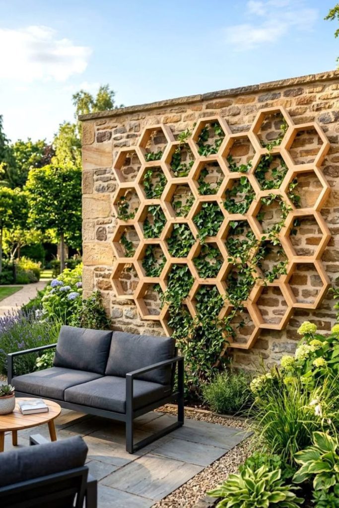 Hexagon honeycomb wooden wall trellis.
