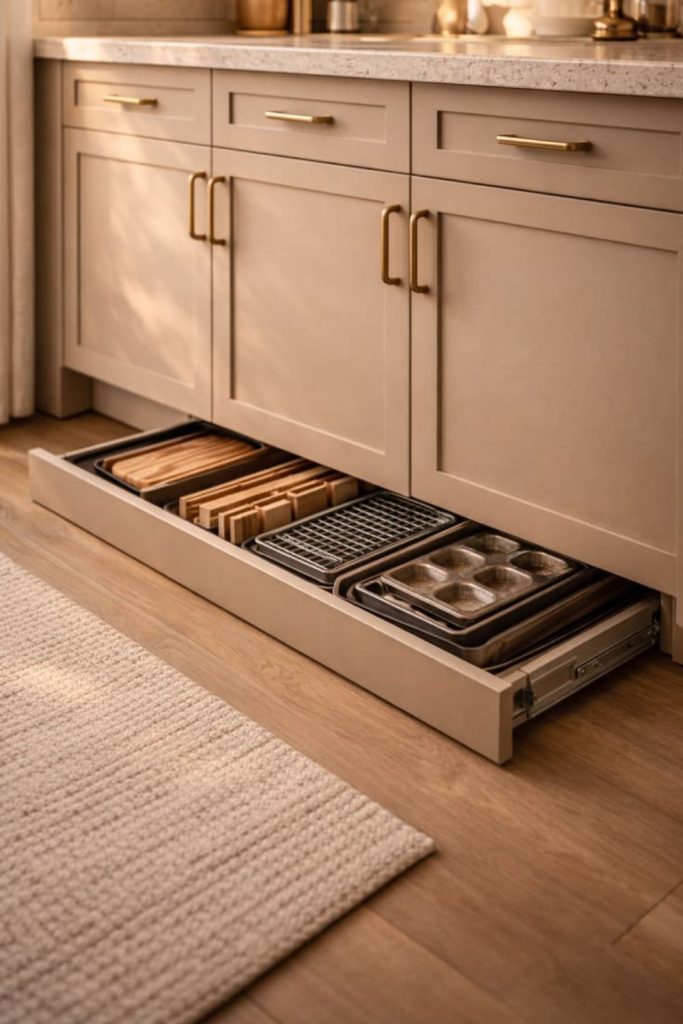 Hidden toe kick storage drawers