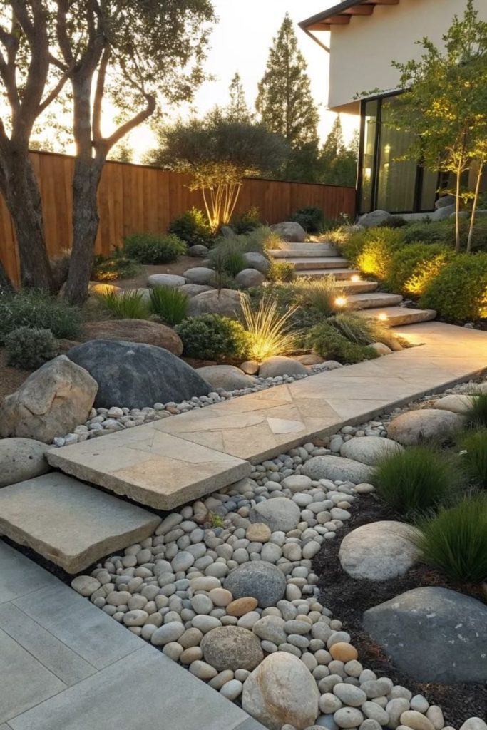 Industrial rocks, metallic urban garden feel.