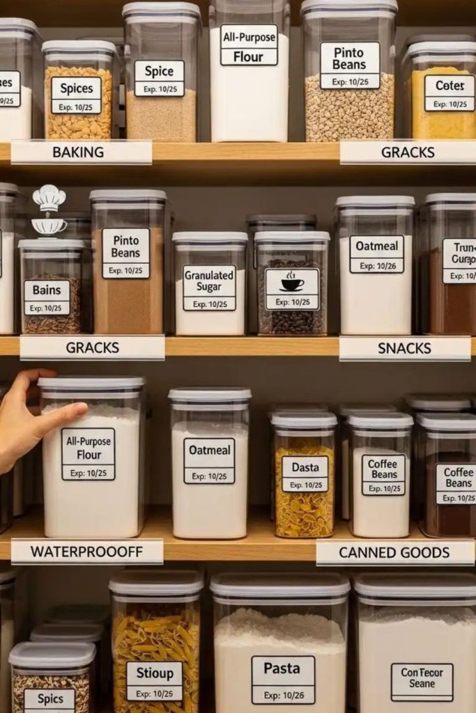 Labeled pantry containers neatly arranged.