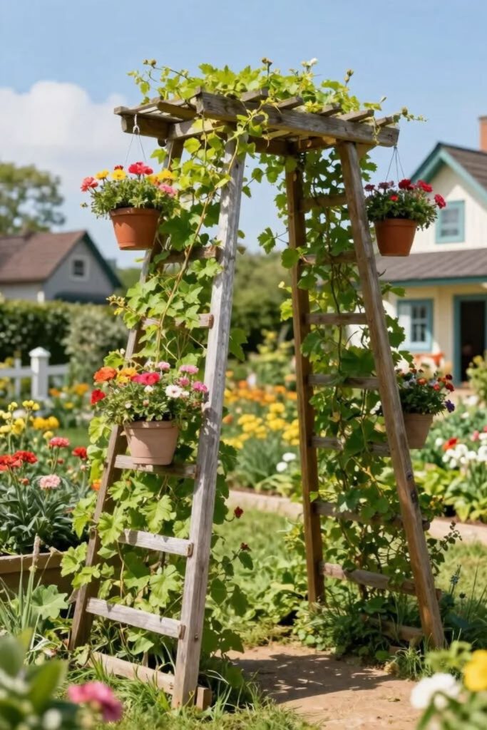 Ladder shelf trellis with plants.