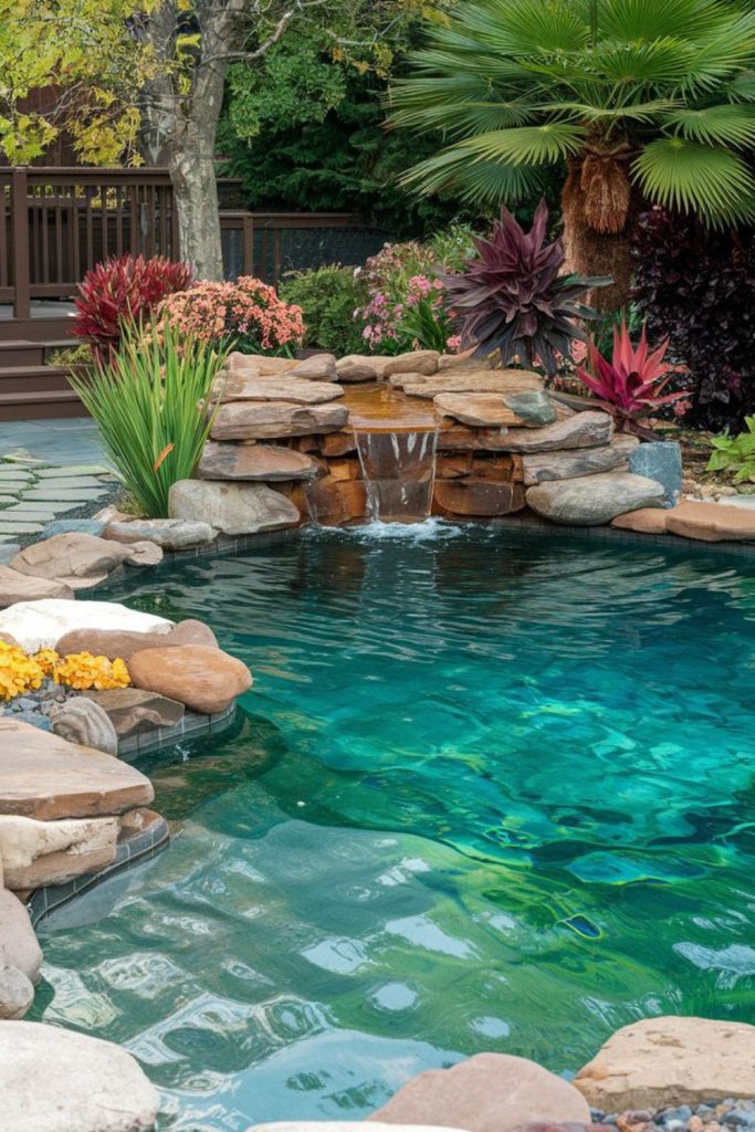 Rock waterfall lagoon pool deck