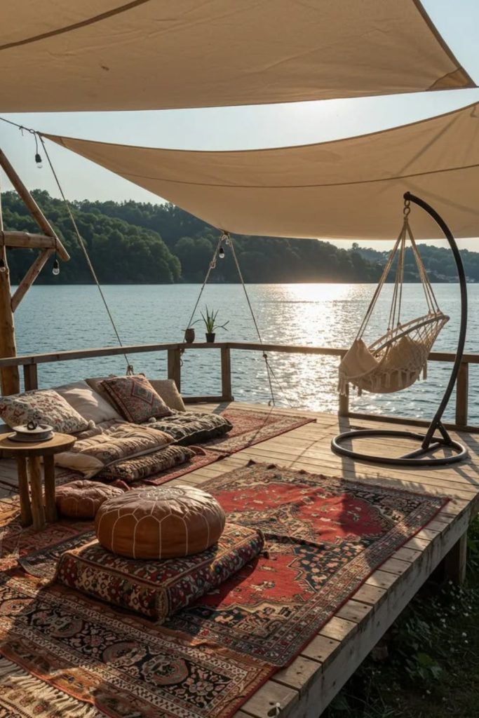 Lakeside dock peaceful fishing camp mood
