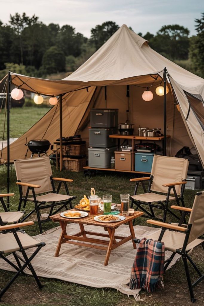 Lantern meadow cozy glowing campsite setup