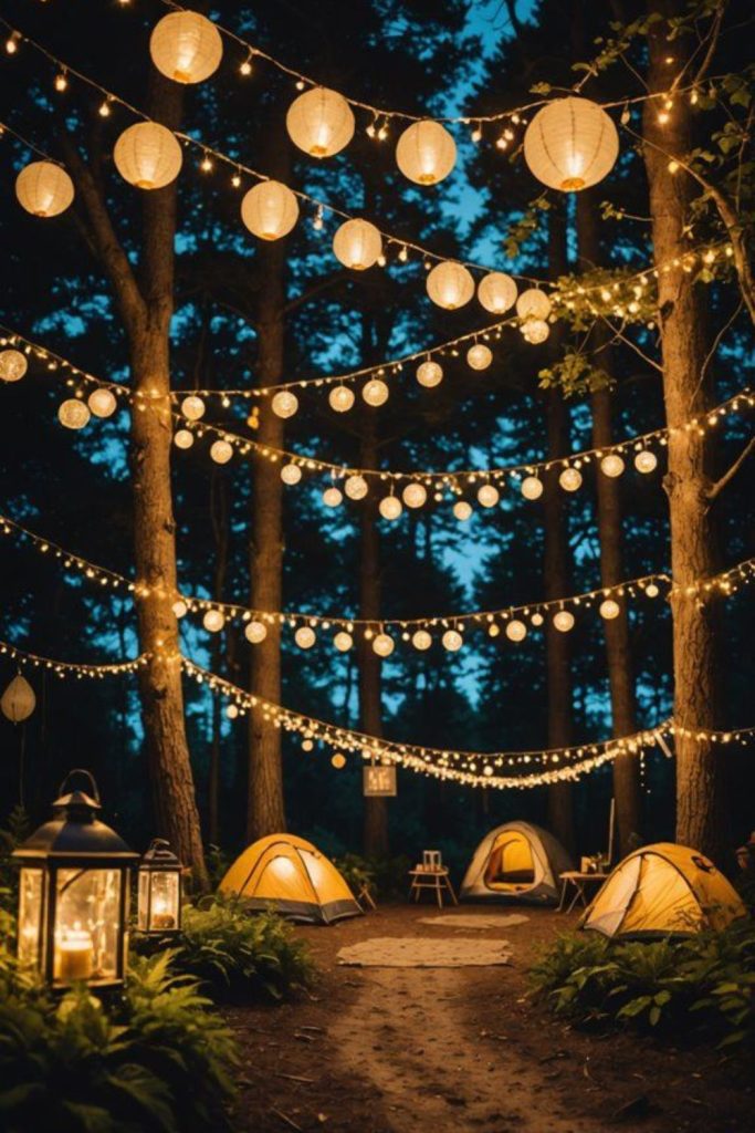 Lantern glowing rustic woodland campsite retreat