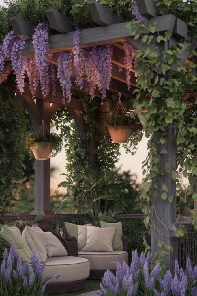 Lavender patio beneath wooden pergola.