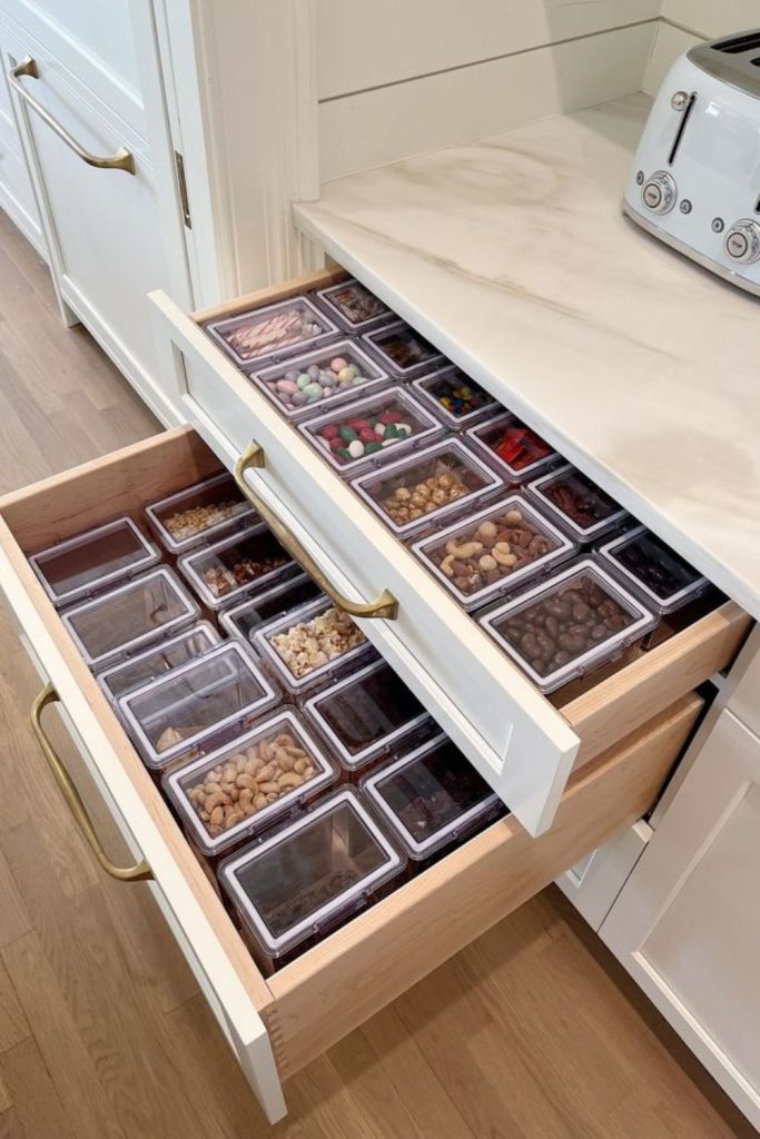 Grid divided pantry drawer storage