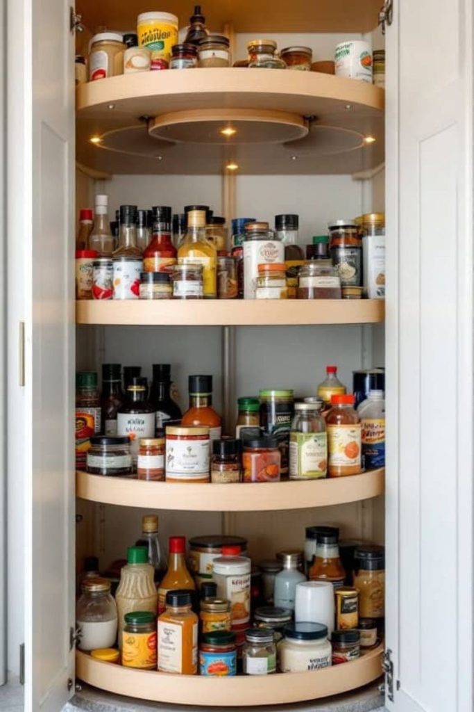 Rotating pantry tray storage setup.