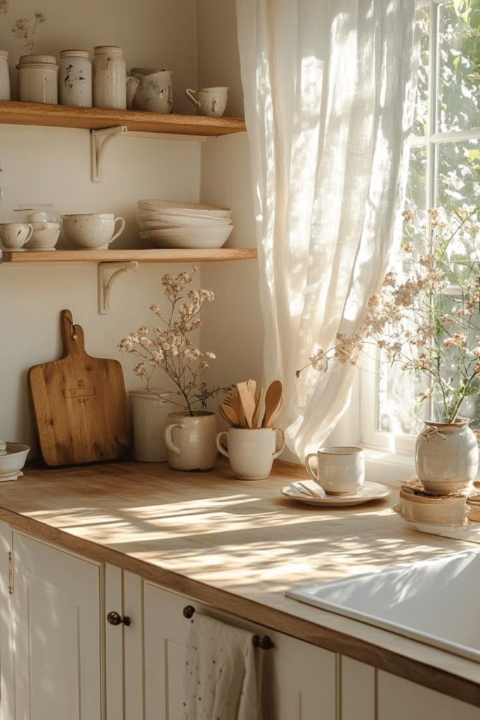 soft linen toned kitchen aesthetic