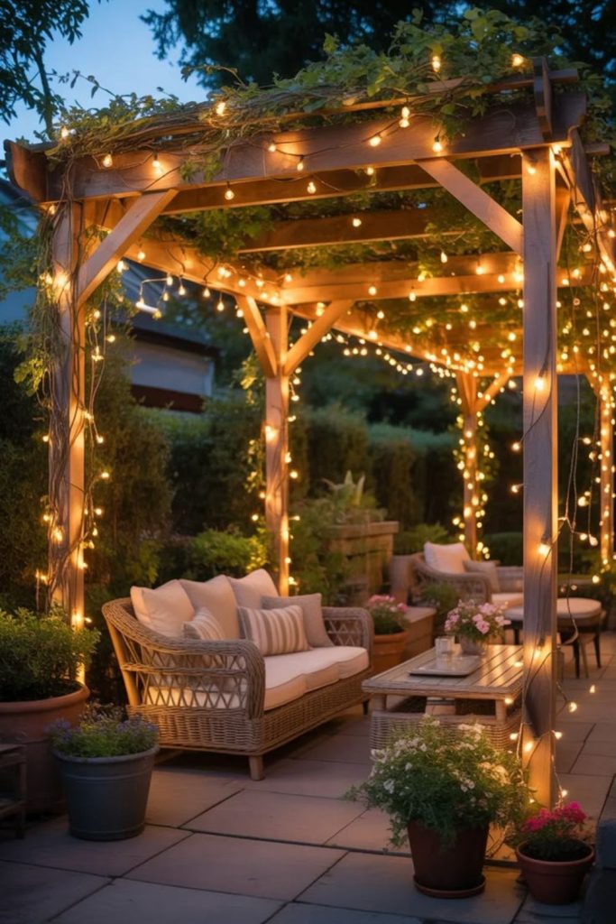 Maple wood pergola glowing warmly.