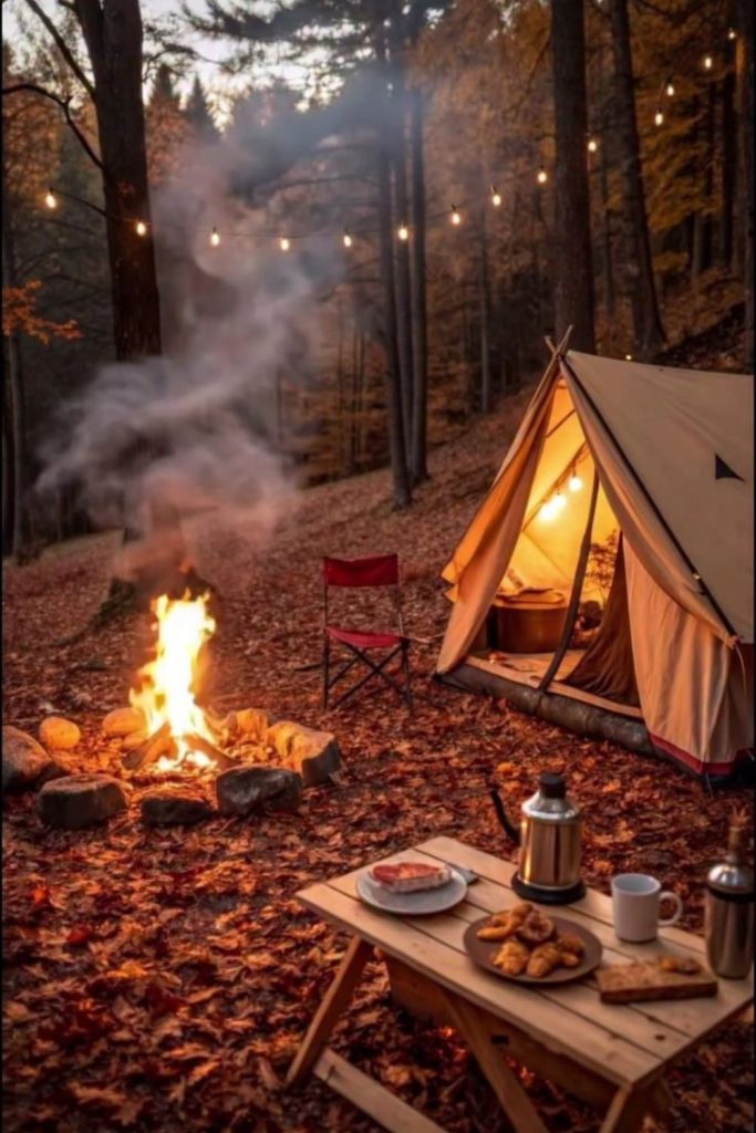 Autumn maple campsite with lantern charm