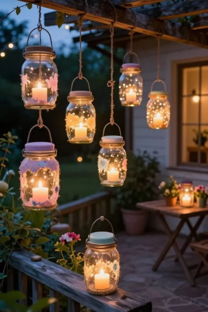 Mason jar lantern glowing garden pathway