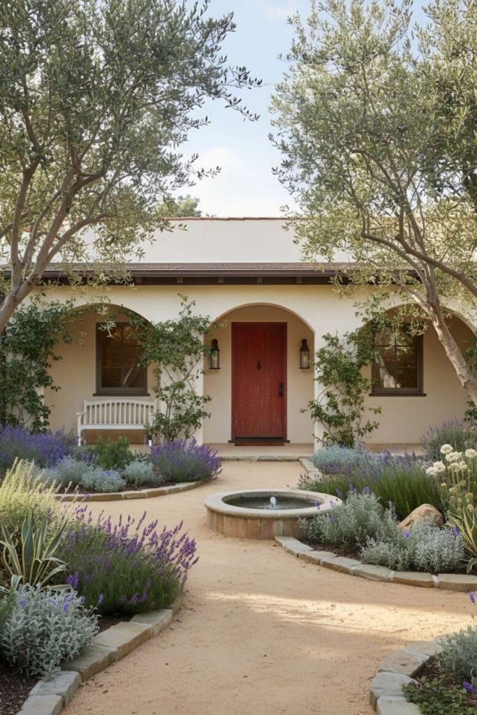 Mediterranean courtyard vibe terracotta lavender rustic elegant frontage style