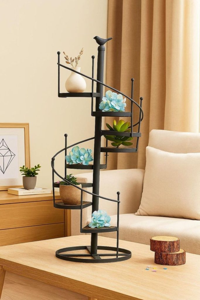 Spiral metal ladder plant sculpture