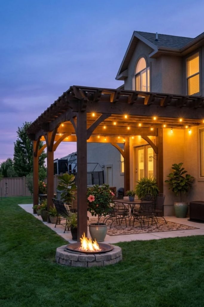 Dark pergola glowing beside firelight.