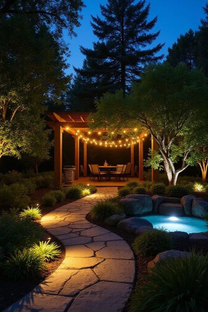 Modern dark yard glowing softly.