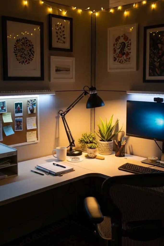 Dark minimal focused cubicle workspace design.