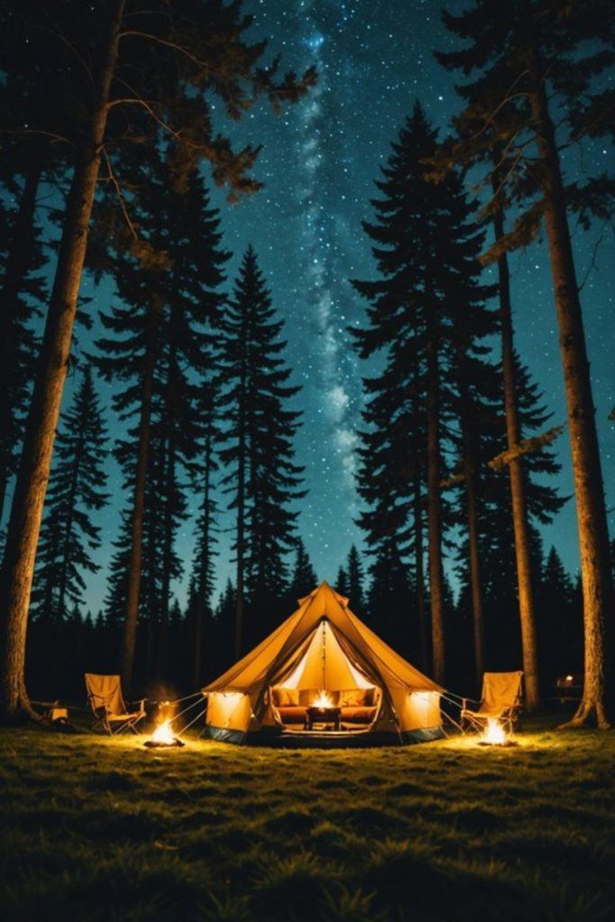 Dark forest neon campsite night aesthetic