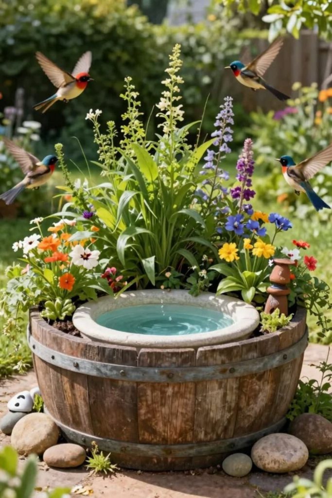 Mini wooden barrel bee bath.