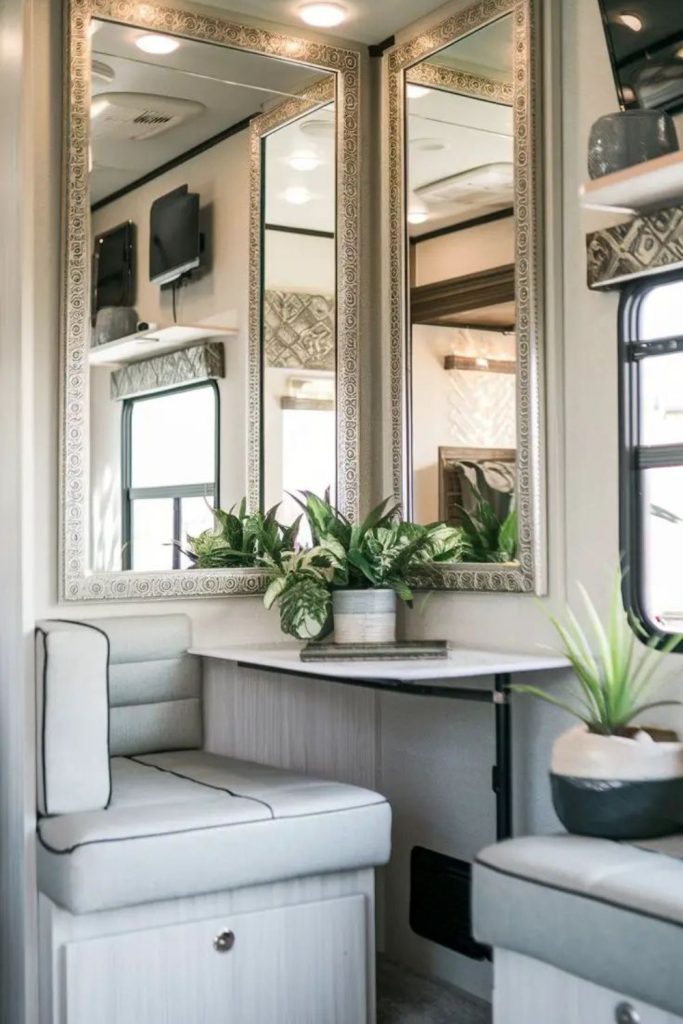 Decorative mirror enlarging camper space.