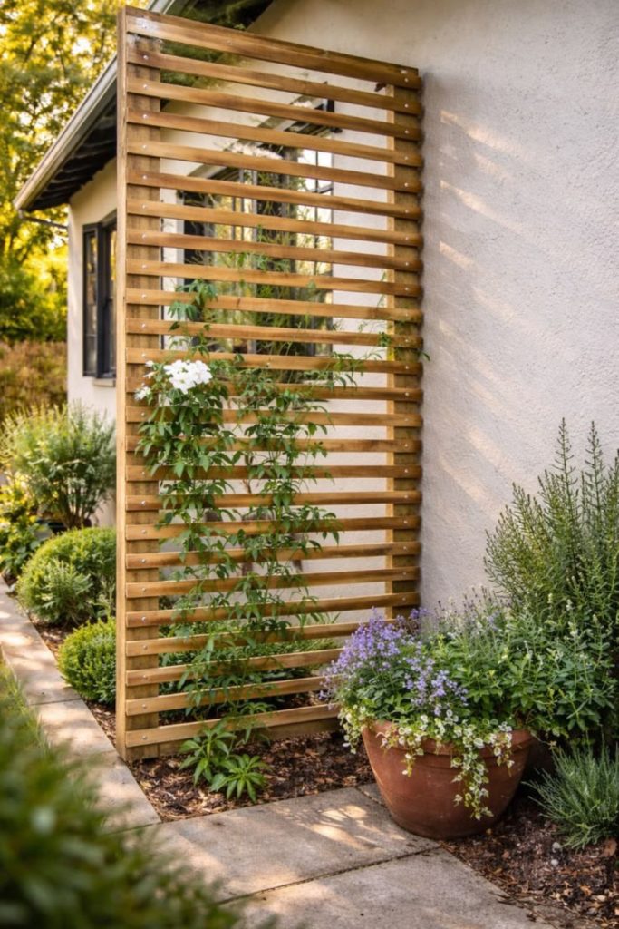 Modern horizontal wood slat trellis.