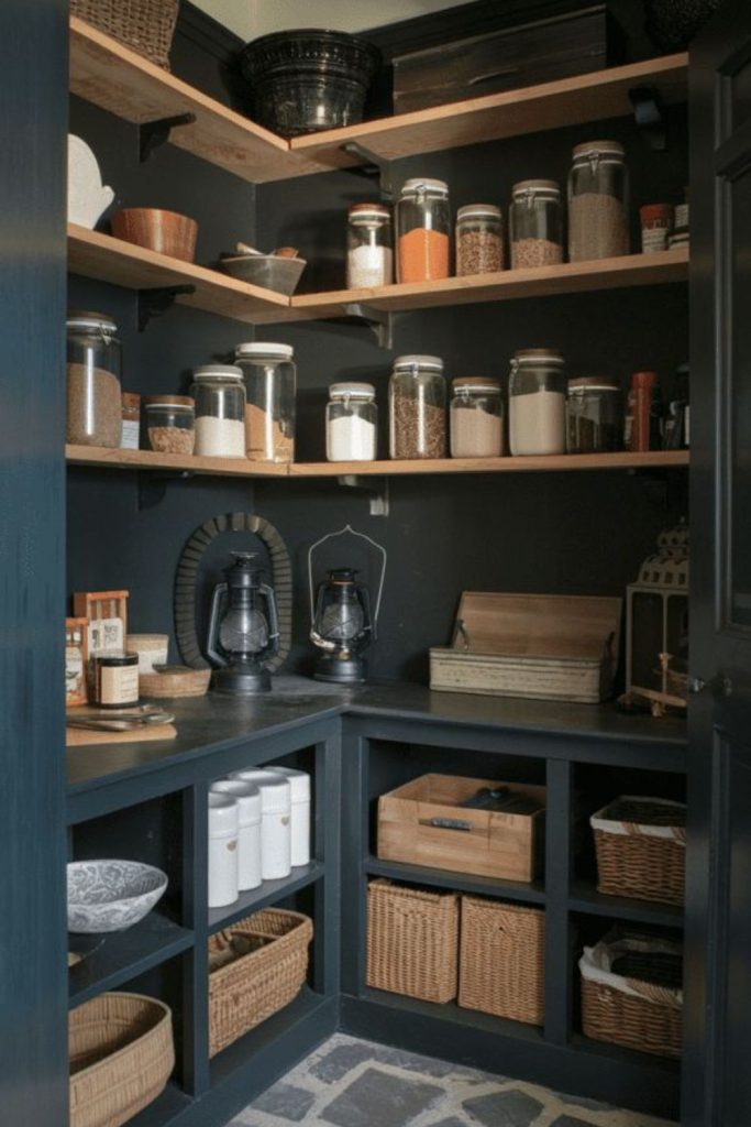 Dark elegant modern pantry shelving